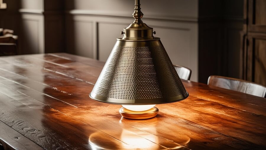 Trendy w dekoracji wnętrz na rok 2025: lampa z metalowym kloszem nad stołem w jadalni