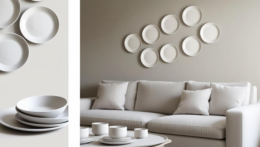 Porcelana artystyczna: Minimalistyczna, prosta, gładka, subtelna porcelana, różne wzory _ modele, talerze na ścianie, filiżanki, talerze na stole w salonie