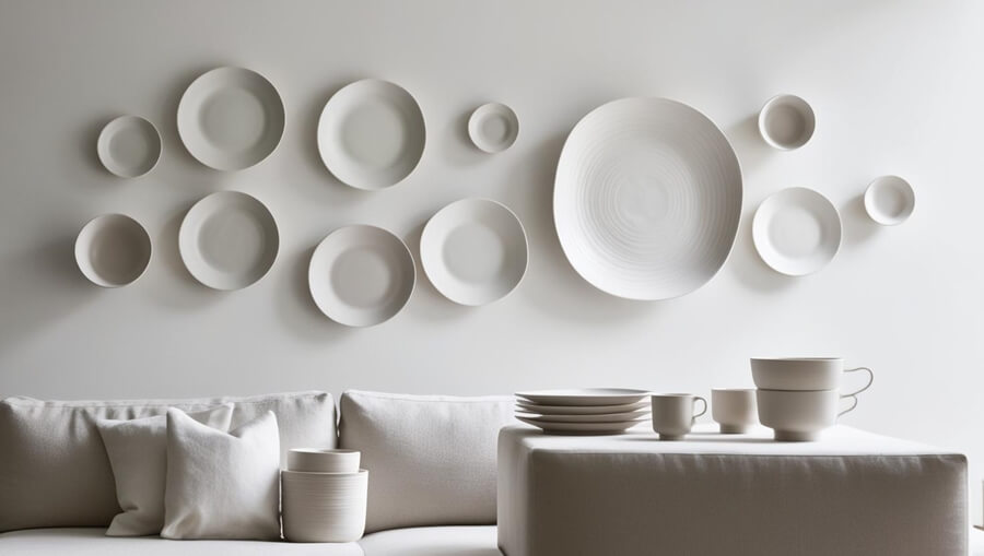 Porcelana artystyczna: Minimalistyczna, prosta, gładka, subtelna porcelana, różne wzory _ modele, talerze na ścianie, filiżanki, talerze na stole w salonie