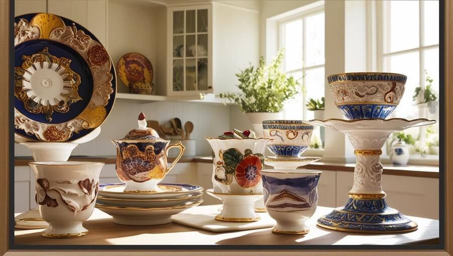 Porcelana artystyczna: Porcelanowe przedmioty ręcznie malowane, talerze czy filiżanki w różnym stylu (nie zastawy), dekoracja w kuchni lub jadalni, unikatowe, ręcznie zdobione elementy