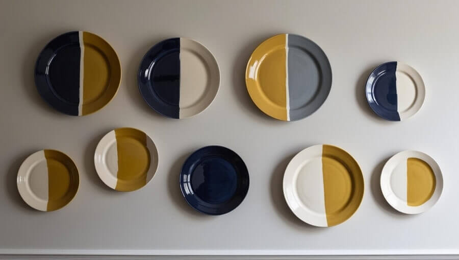 Ceramika i porcelana artystyczna: ręcznie malowane talerze na ścianę w salonie w stonowanych kolorach_ granat, musztardowy, biały, szaryręcznie malowane talerze na ścianę w salonie w stonowanych kolorach granat, musztardowy, biały, szary