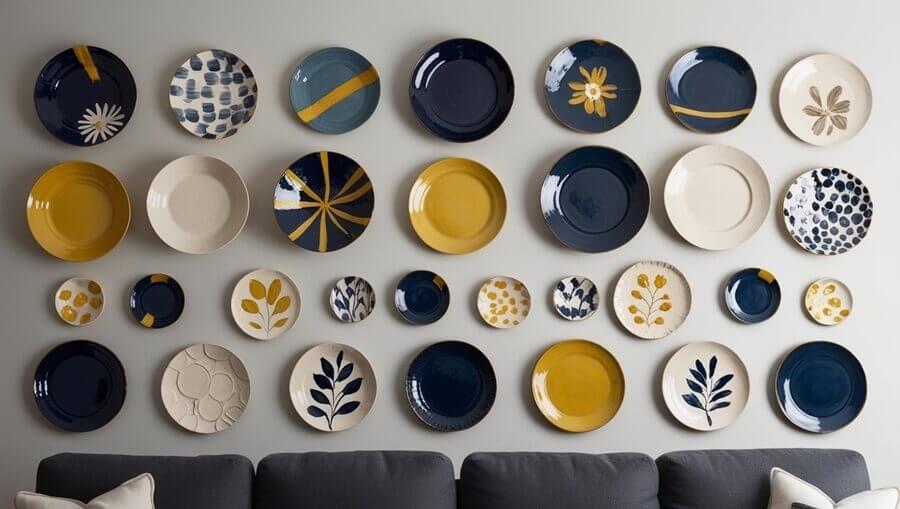 Ceramika i porcelana artystyczna: ręcznie malowane talerze na ścianę w salonie w stonowanych kolorach_ granat, musztardowy, biały, szaryręcznie malowane talerze na ścianę w salonie w stonowanych kolorach granat, musztardowy, biały, szary