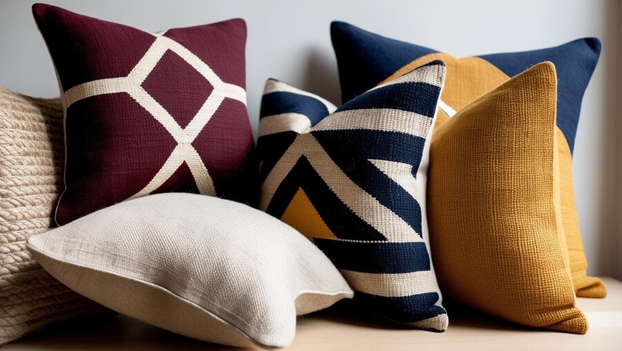 Trendy w dekoracji wnętrz na rok 2025: dekoracyjne poduszki z geometrycznymi wzorami, bordo, granat, musztardowy z juty, lnu, wełny