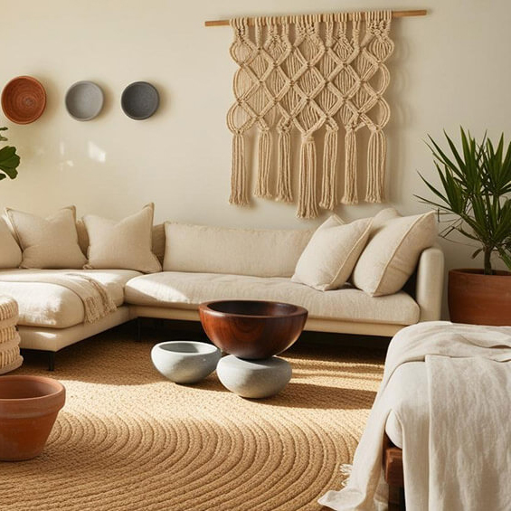 Trendy w dekoracji wnętrz na rok 2025: pomieszczenie salon z plecionym dywanem z juty, lniane zasłony i narzuty, dekoracyjne misy z drewna lub kamienia, makrama na ścianie, rośliny doniczkowe w ceramicznych donicach