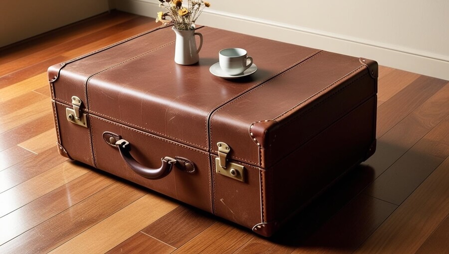 Trendy w dekoracji wnętrz na rok 2025 - stara walizka przerobiona na stolik kawowy