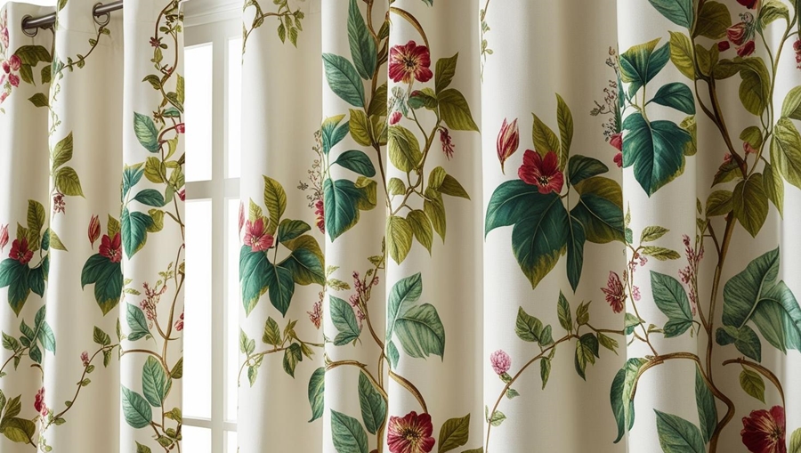 trendy w dekoracji wnętrz na rok 2025 - zasłony z botanicznymi motywami