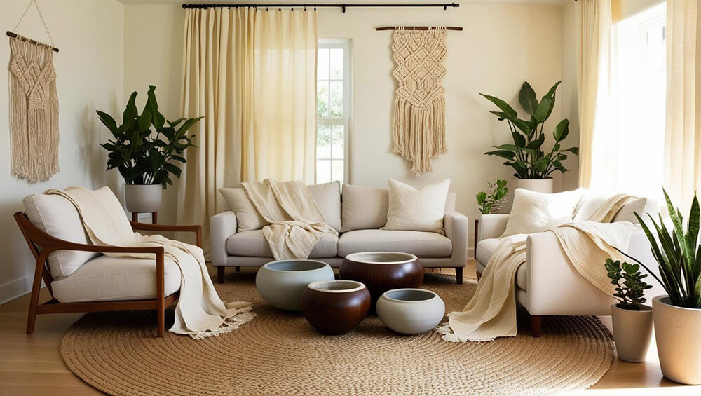 Trendy w dekoracji wnętrz na rok 2025: pomieszczenie salon z plecionym dywanem z juty, lniane zasłony i narzuty, dekoracyjne misy z drewna lub kamienia, makrama na ścianie, rośliny doniczkowe w ceramicznych donicach 