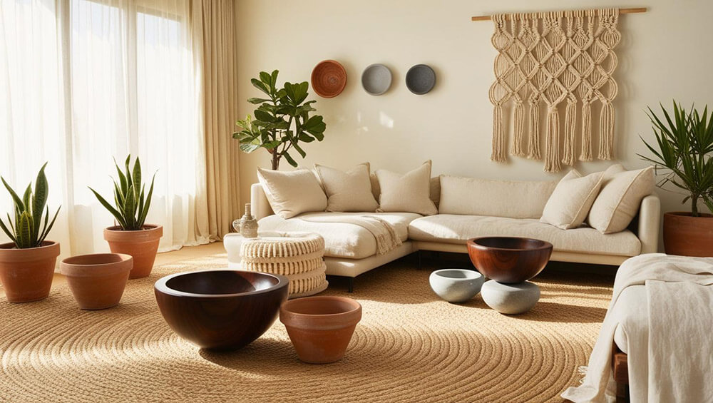 Trendy w dekoracji wnętrz na rok 2025: pomieszczenie salon z plecionym dywanem z juty, lniane zasłony i narzuty, dekoracyjne misy z drewna lub kamienia, makrama na ścianie, rośliny doniczkowe w ceramicznych donicach 