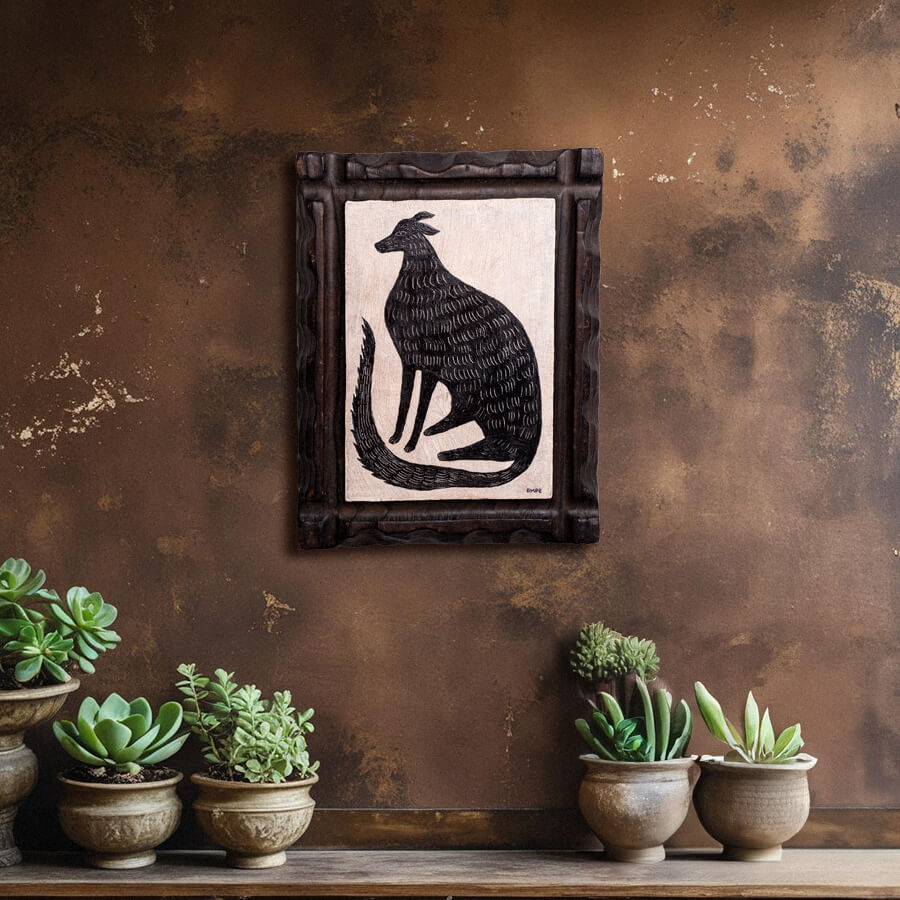 obraz pies w drewnianej ramce vintage